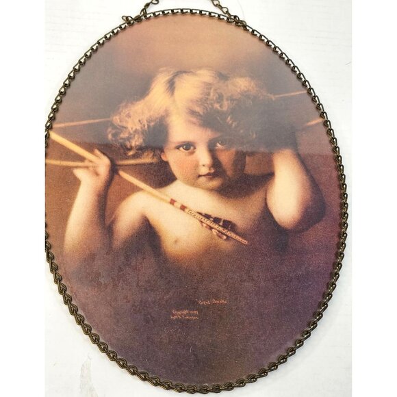 Victorian Flue Cover With Cupid Child Print & Metal Chain Frame 11" X 7.5" - Picture 2 of 11